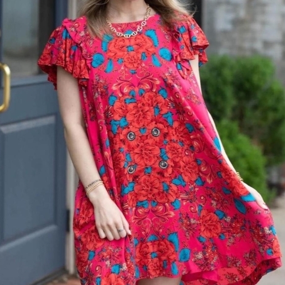 Free People Dresses & Skirts - Free People Yara Hot Pink and Blue Floral Dress